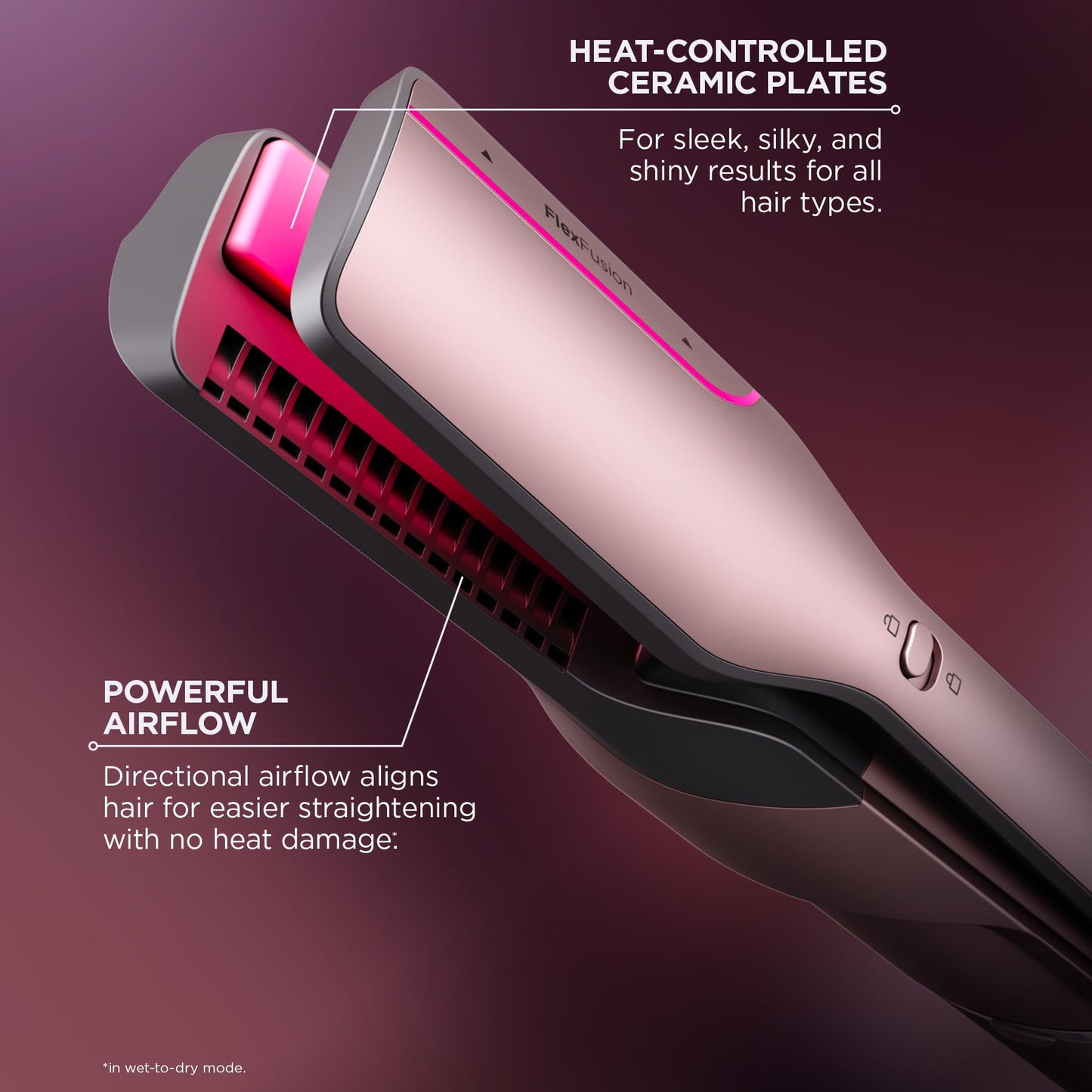 Shark FlexFusion Hair Straightener & Powerful Hair Dryer with Fusion Hair Brush, Ceramic Air Styler with Auto-Wrap Curlers & Concentrator, Ceramic Plates, Cosmic Blush HD641S