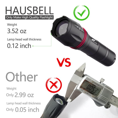 HAUSBELL A100 LED EDC Flashlights High Lumens,Bright, Zoomable, Waterproof, Powerful, Emergency Tactical LED Flashlights for Home and 5 Modes, Flashlight for Camping Gear、Hiking、Walking（2Pack）