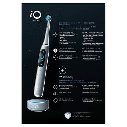 Oral-B iO Series 10 Rechargeable Electric Toothbrush with Visible Pressure Sensor to Protect Gums, 2 Min Timer, 7 Cleaning Settings, 4 Replacement Toothbrush Heads, and Charging Travel Case, White