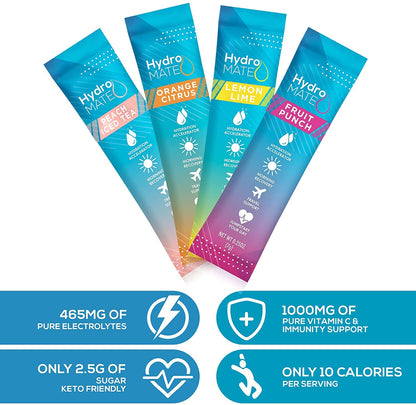 HydroMATE Electrolyte Powder Variety Pack Hydration Packets Low Sugar 30 Count