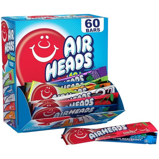 Airheads Candy Bars, Variety Bulk Box, Chewy Full Size Fruit Taffy, Gifts, Holiday, Parties, Concessions, Pantry, Non-Melting, Party, 60 Individually Wrapped Full Size Bars