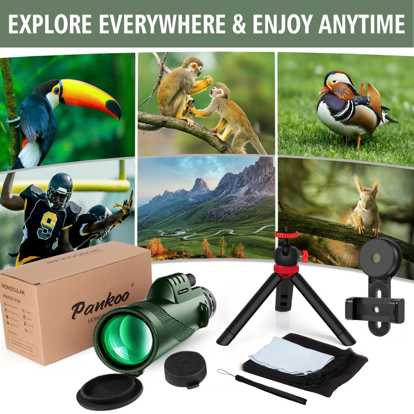 40x60 High Power Monocular Telescope for Adults - Equipped with Phone Adapter, Tripod, and Hand Strap - Low Light Night Vision with BAK4 Prism - Perfect for Bird Watching, Travel, and Concerts