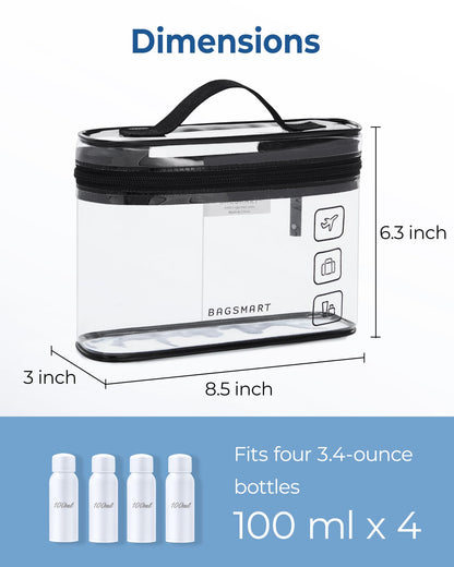 BAGSMART TSA Approved Toiletry Bag, 3 Pack Clear Makeup Cosmetic Bag Organizer, Quart Size Travel Bag for Toiletries, Carry-on Travel Accessories Essentials, Black-3pcs