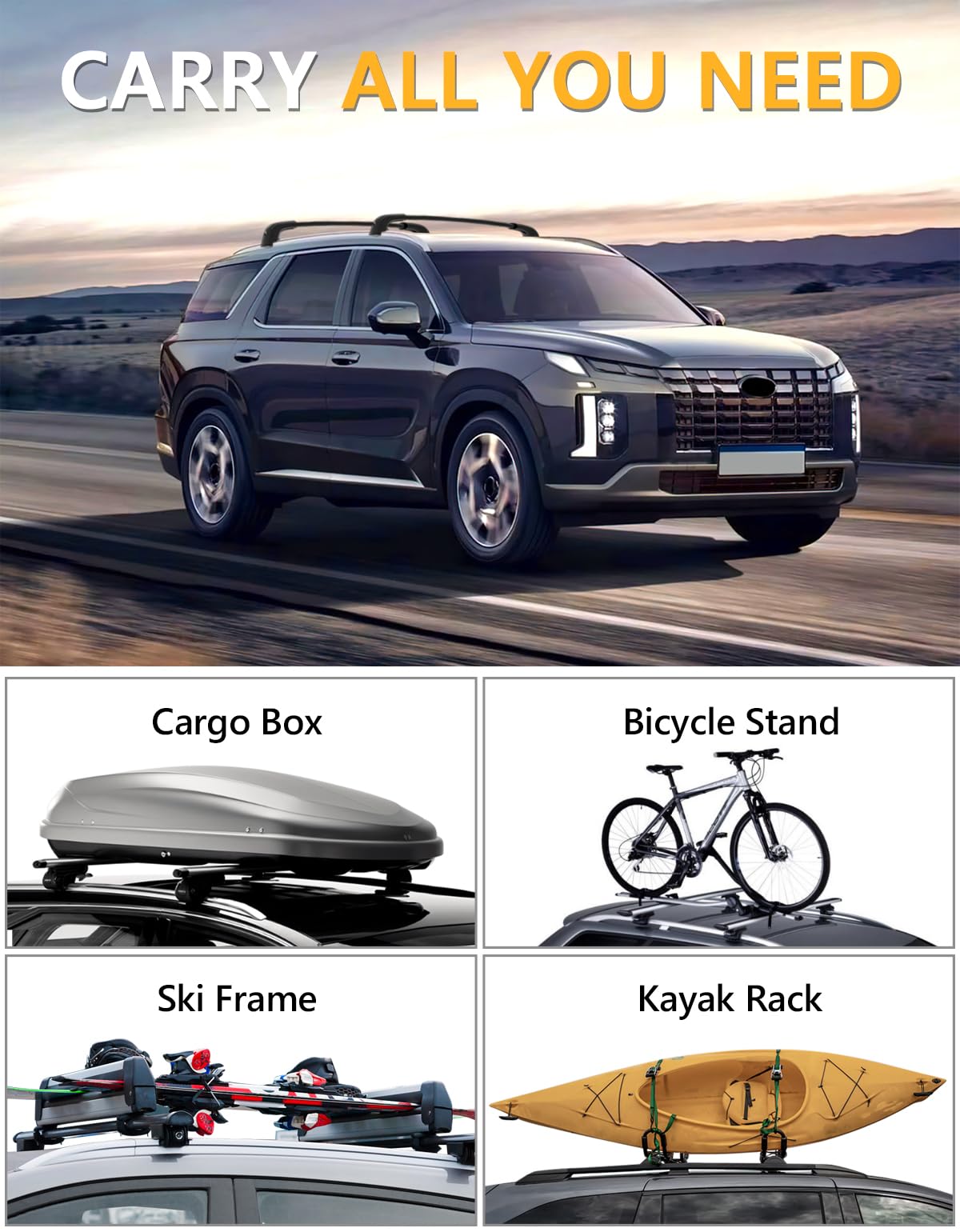 Tuyoung Roof Rack Cross Bars Compatible with Hyundai Palisade 2019-2025 SE SEL XRT Limited Calligraphy, 220lbs Lockable Heavy Duty Anti-Theft Aluminum Rails Crossbars Cargo Carrier Bag