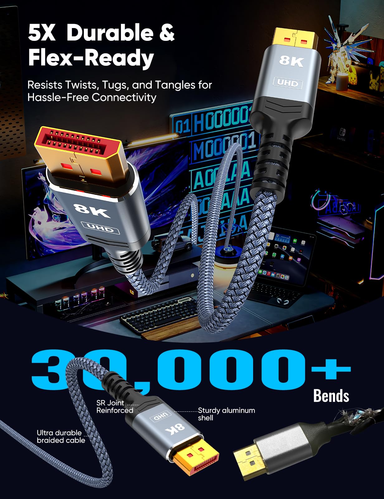 Capshi 8K DisplayPort Cable 1.4, VESA Certified 6.6FT DP Cord (8K@60Hz, 4K@144Hz, 2K@240Hz), 32.4Gbps Display Port Cable for Gaming Monitor, Graphic, PC, HDR/HDCP 2.2/FreeSync/G-Sync, Braided, Grey