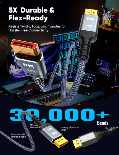 Capshi 8K DisplayPort Cable 1.4, VESA Certified 6.6FT DP Cord (8K@60Hz, 4K@144Hz, 2K@240Hz), 32.4Gbps Display Port Cable for Gaming Monitor, Graphic, PC, HDR/HDCP 2.2/FreeSync/G-Sync, Braided, Grey