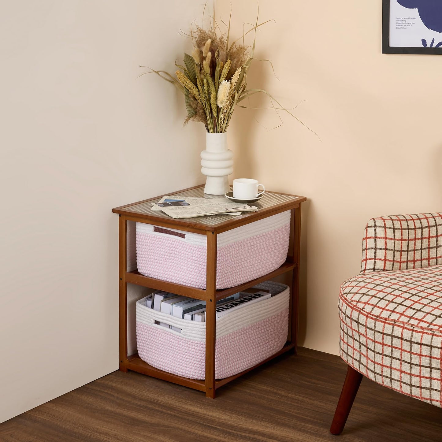 MiniArk Large Storage Baskets for Shelves, Closet Organizers Bins for Clothes Blanket Towels, Baby Nursery, Toy Baskets Box, Woven Rope Baskets, 17 x 13 x 7.5”, 3 Packs Woven Pink