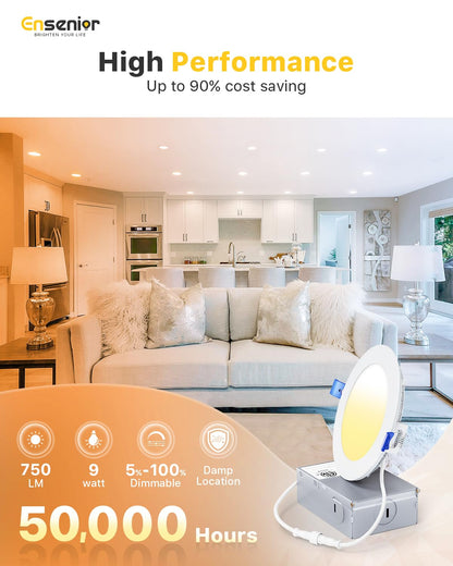 Ensenior 12 Pack 4 Inch LED Recessed Ceiling Light, Dimmable, 2700K-5000K 5CCT, 750LM 9W 120V, High Brightness Canless Wafer Downlight - ETL&FCC&IC