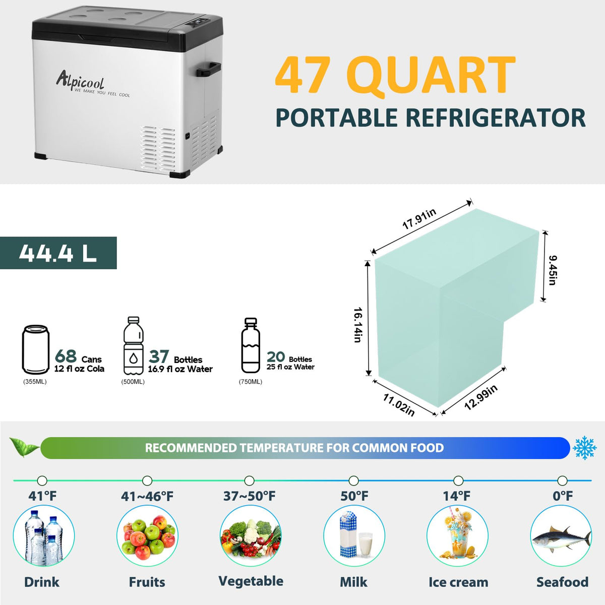 Alpicool C50 Portable Refrigerator 47 Quart(44.4Liter) 12 Volt Car Freezer for Vehicle, Truck, RV, Boat, Mini Fridge Freezer for Travel, Outdoor, Home -12/24V DC and 110-240V AC (Black and Silver)