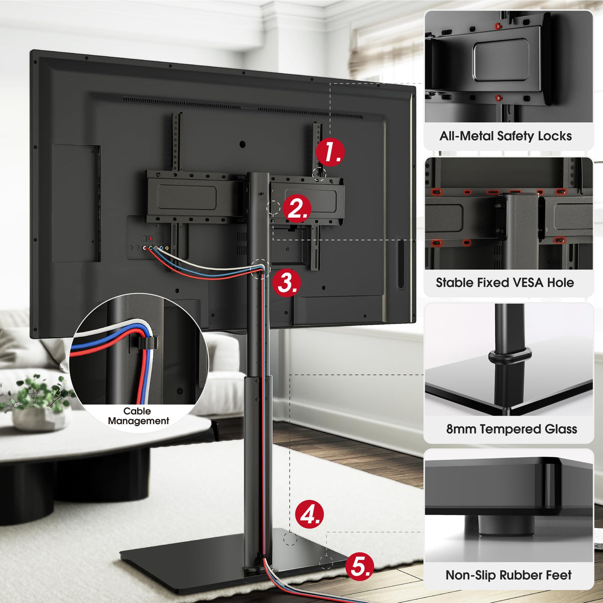 AOKCOS Swivel TV Floor Stand for 43-75 Inches TVs, 8 Level Height Adjustable Corner Extra Tall TV Stand Mount for Living Room/Bedroom, Holds up to 110 lbs,MAX VESA 600x400mm,Black
