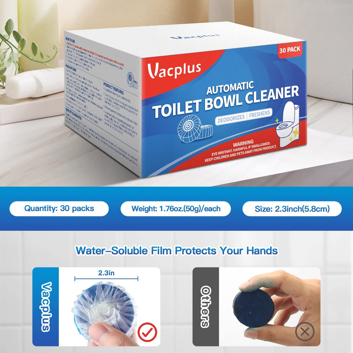 Vacplus Automatic Toilet Bowl Cleaner Tablets, Bathroom Toilet Tank Cleaner (30 PACK), VA-T165