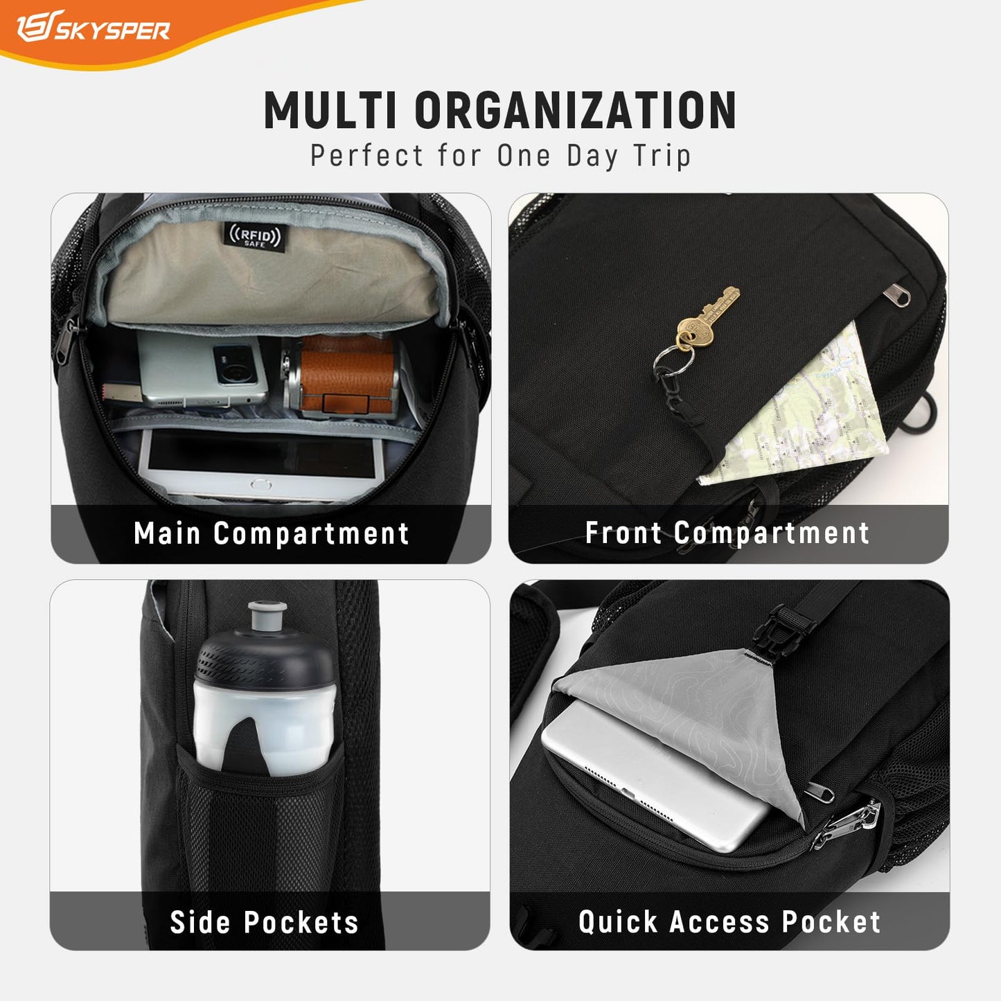 SKYSPER Sling Bag RFID Cross Body Bag Recycled Crossbody Backpack Travel Daypack(Black)