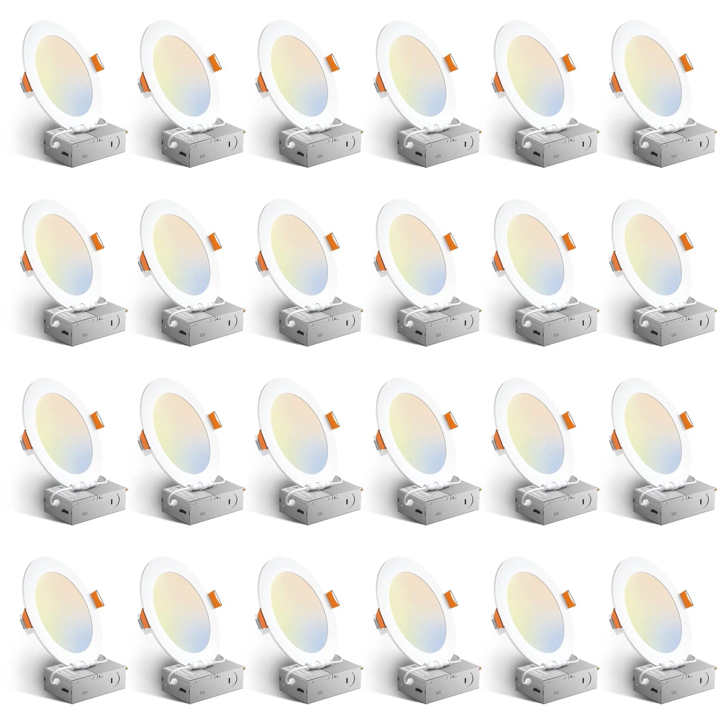 Amico 24 Pack 6 Inch 5CCT Ultra-Thin LED Recessed Ceiling Light with Junction Box, 1050LM Brightness, Dimmable Canless Wafer Downlight, 12W, ETL&FCC