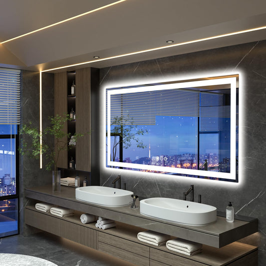 miskerm 55"x 30" LED Bathroom Mirror with Lights, Double Lighting Sources Dimmable, Anti-Fog Vanity Mirror with Lights, Lighted Bathroom Vanity Mirror for Wall Tempered Glass (Horizontal/Vertical)