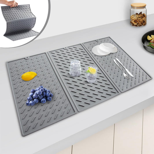 Silicone Dish Drying Mat,Collapsible Tri Fold Drainer Mat,Drying Pad With Hook-BPA Free,Durable Heat,24x16In Drying Mat for Kitchen Counter Easy to Clean(Grey)