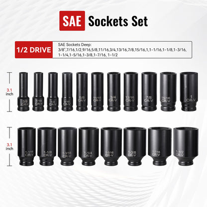 Reniteco 25-Piece 1/2" Drive Socket Set, SAE (3/8"- 1-1/2"), Deep Sockets, Extension Bars, 1/2" F to 3/8" M Reducer,3/8" F to 1/2" M Reducer, Universal Joint, 6 Point Design, Cr-V