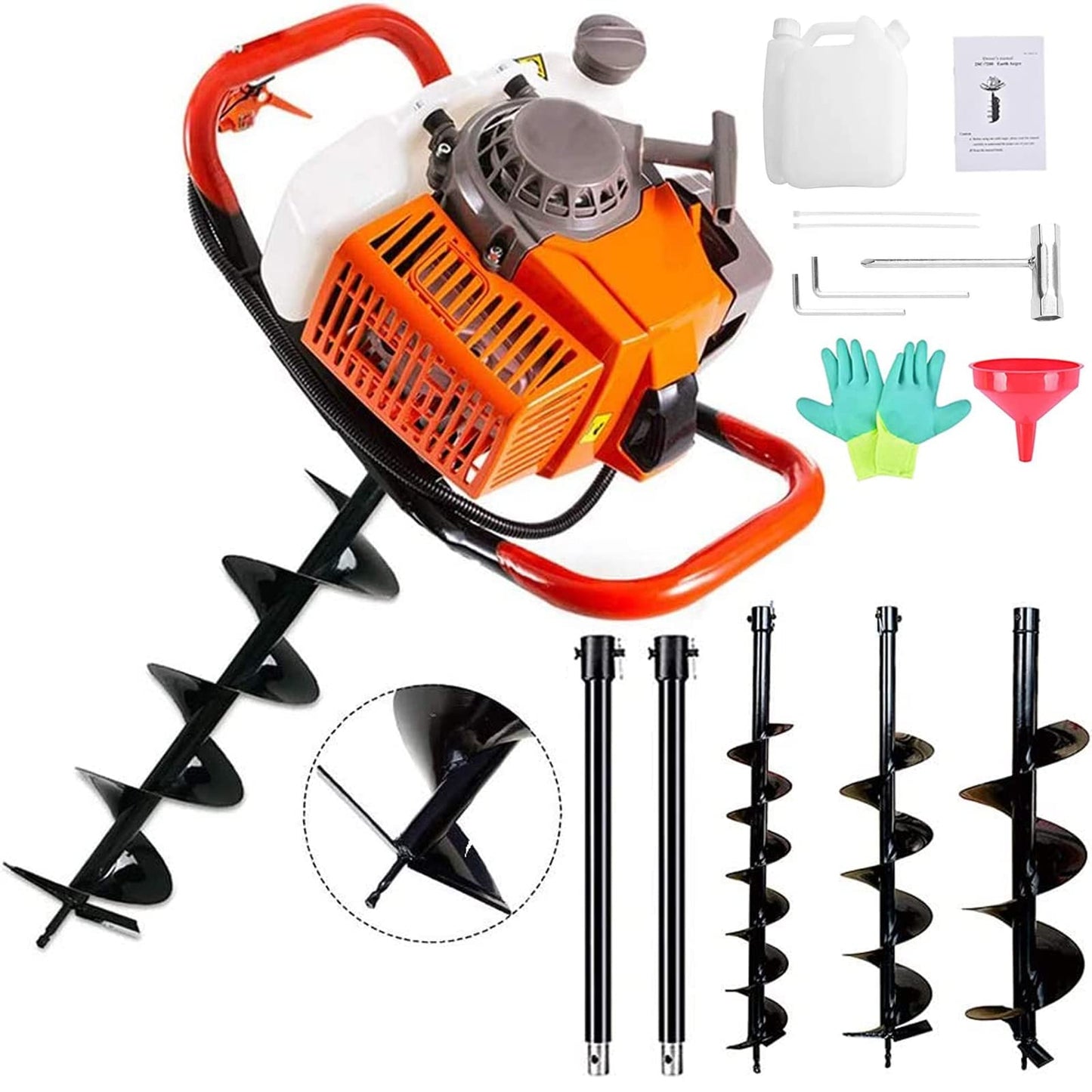 PRIJESSE 72cc Post Hole Digger 2-Stroke Petrol Gas Powered Earth Digger with 2 Extension Rods + 3 Auger Drill Bits (4" 8" & 12") for Farm Garden Plant…