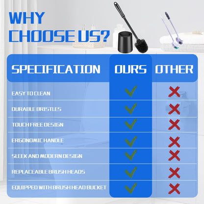 Toilet Brush and Holder 2 Pack with Long Handle - Non-Slip Grip Toilet Bowl Brush Set for Deep Cleaning Bathroom, Toilet Scrubber- Black