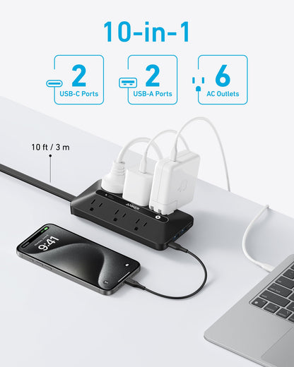Anker Flat Plug Power Strip 300J with USB Ports, 10-in-1 Ultra Thin Power Strip with 6 AC, 2 USB-A and 2 USB-C Ports,10feet Extension Cord, Desk Charging Station,Home Office College Dorm (Black, 10FT)