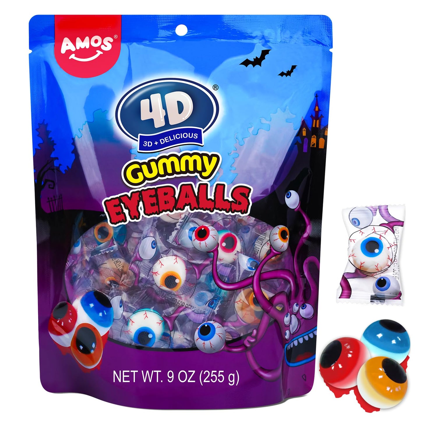 Amos Gummy Eyeball Halloween Candy Eye Candy Treats for Kids & Parties, 3D Gummy Eyeballs, Individually Wrapped,Sharing, 9oz Bag