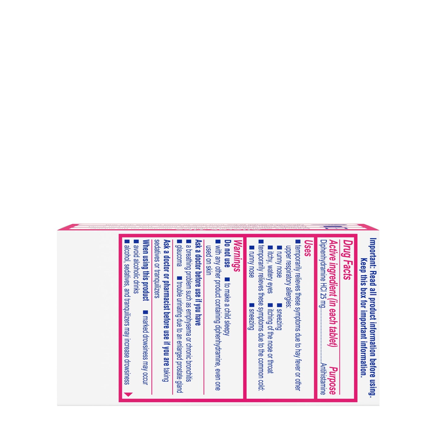 Benadryl Ultratabs Allergy Medicine, 25 mg Diphenhydramine HCl Antihistamine Tablets For Cold & Allergy Relief of Symptoms Like Sneezing, Runny Nose, Itchy Eyes & Throat, Hay Fever, 100 Count Tablets