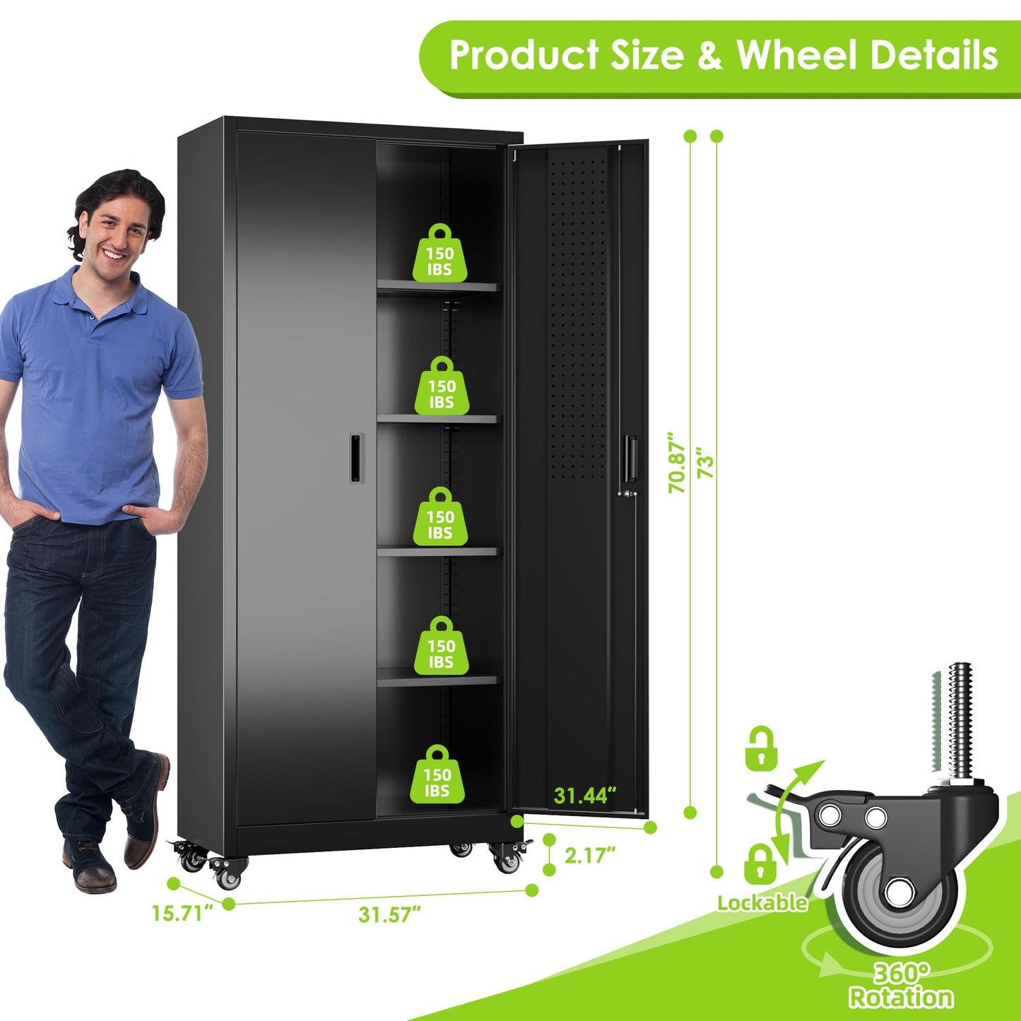 Aobabo 73''H Metal Garage Storage Cabinet with Wheels,Steel Cabinets with 2 Doors and 4 Adjustable Shelves for Home Office,Required Assembly,Black