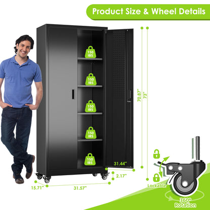 Aobabo 73''H Metal Garage Storage Cabinet with Wheels,Steel Cabinets with 2 Doors and 4 Adjustable Shelves for Home Office,Required Assembly,Black