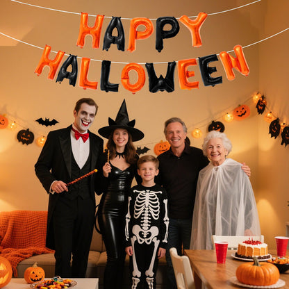 Happy Halloween Balloons Banner - Orange and Black Helloween Banner Backdrop Garland, 16 Inch Large Mylar Hanging Foil Balloon Banners With Straw Ribbon for Indoor Outdoor Halloween Party Decorations