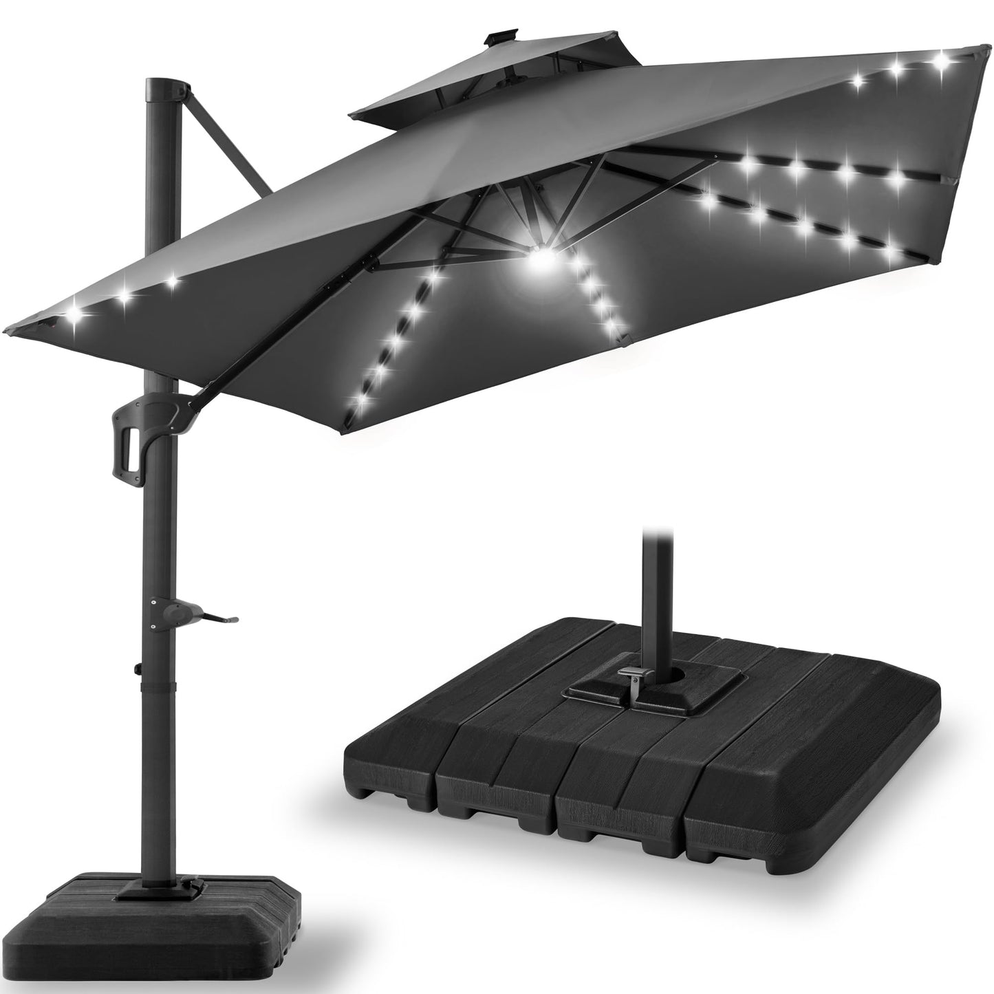 Best Choice Products 10x10ft Cantilever Patio Umbrella w/Base Included, Solar LED Lights 360 Rotation Large Offset Hanging Outdoor Shade for Deck Pool Backyard w/Stand – Gray