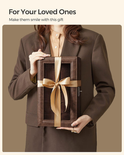 SONGMICS 12-Slot Watch Box, Lockable Watch Case with Glass Lid, 2 Layers, with 1 Drawer for Rings, Bracelets, Gift Idea, Brown Synthetic Leather, Brown Lining UJWB012K01