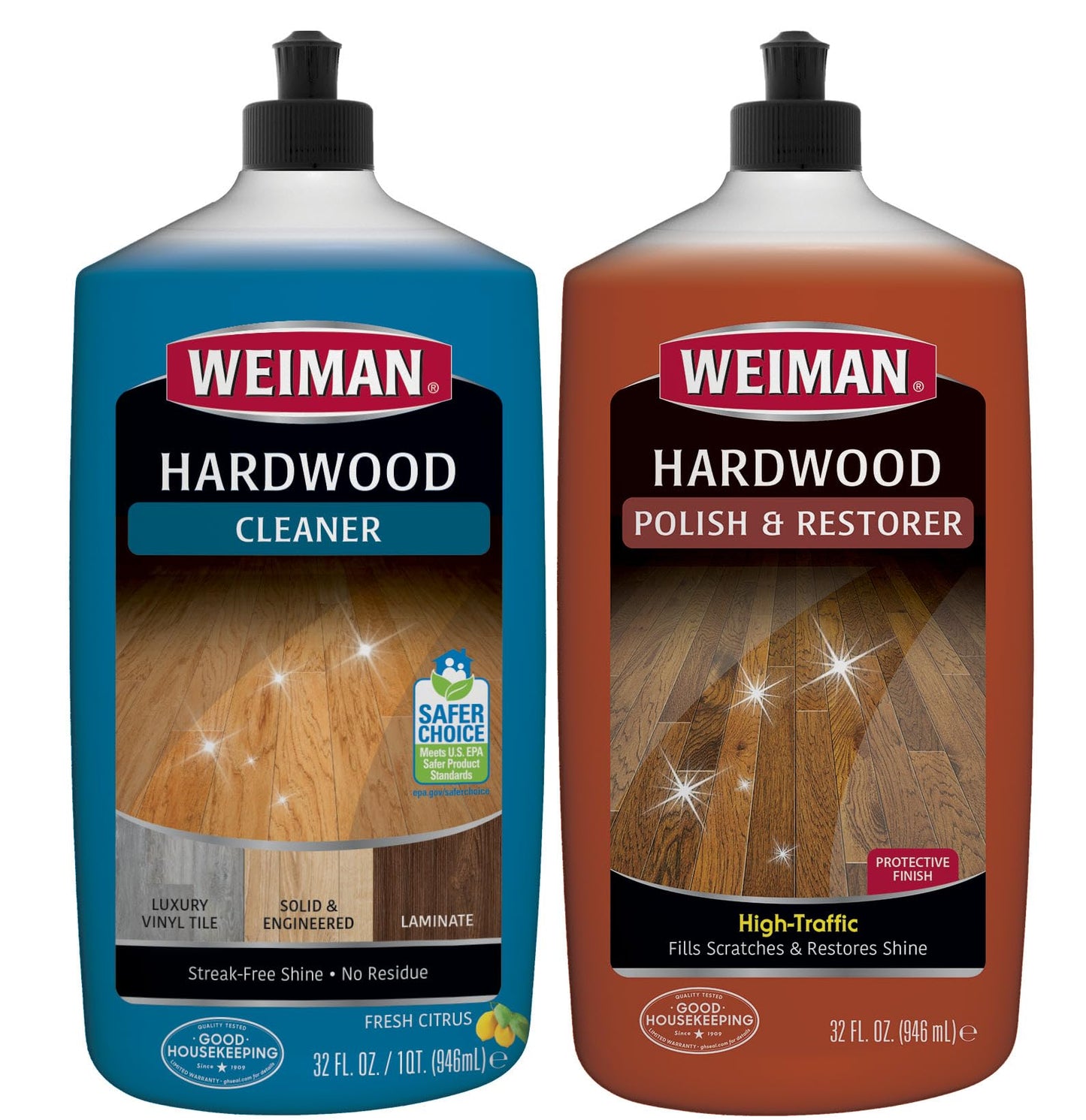 Weiman Hardwood Floor Cleaner and Polish Restorer Combo - 2 Pack - High-Traffic Hardwood Floor, Natural Shine, Removes Scratches, Leaves Protective Layer