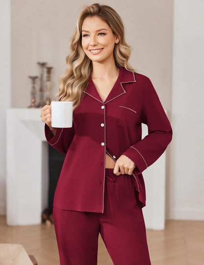Ekouaer Womens Pajama Sets Cotton PJs 2 Piece Long Sleeve Sleepwear Button Down Tops and Pants Cozy Lounge Set Wine Red XL