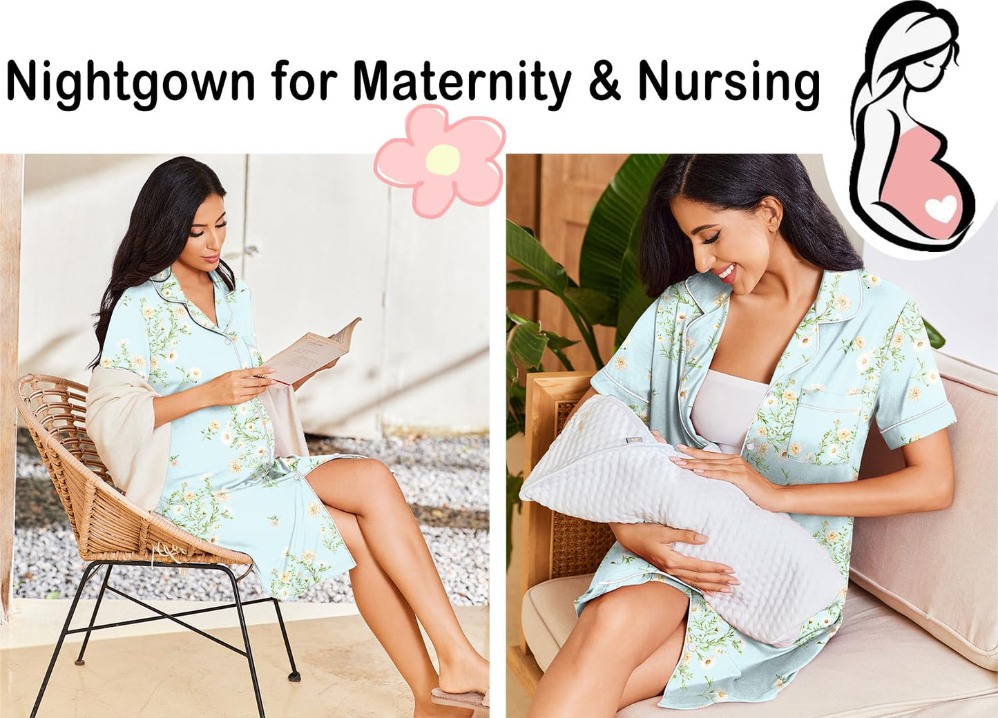 Ekouaer Nightgowns for Women Button Down Sleepshirt Short Sleeve Nightshirt Boyfriend Pajamas V Neck Nightdress Light Green Floral Medium