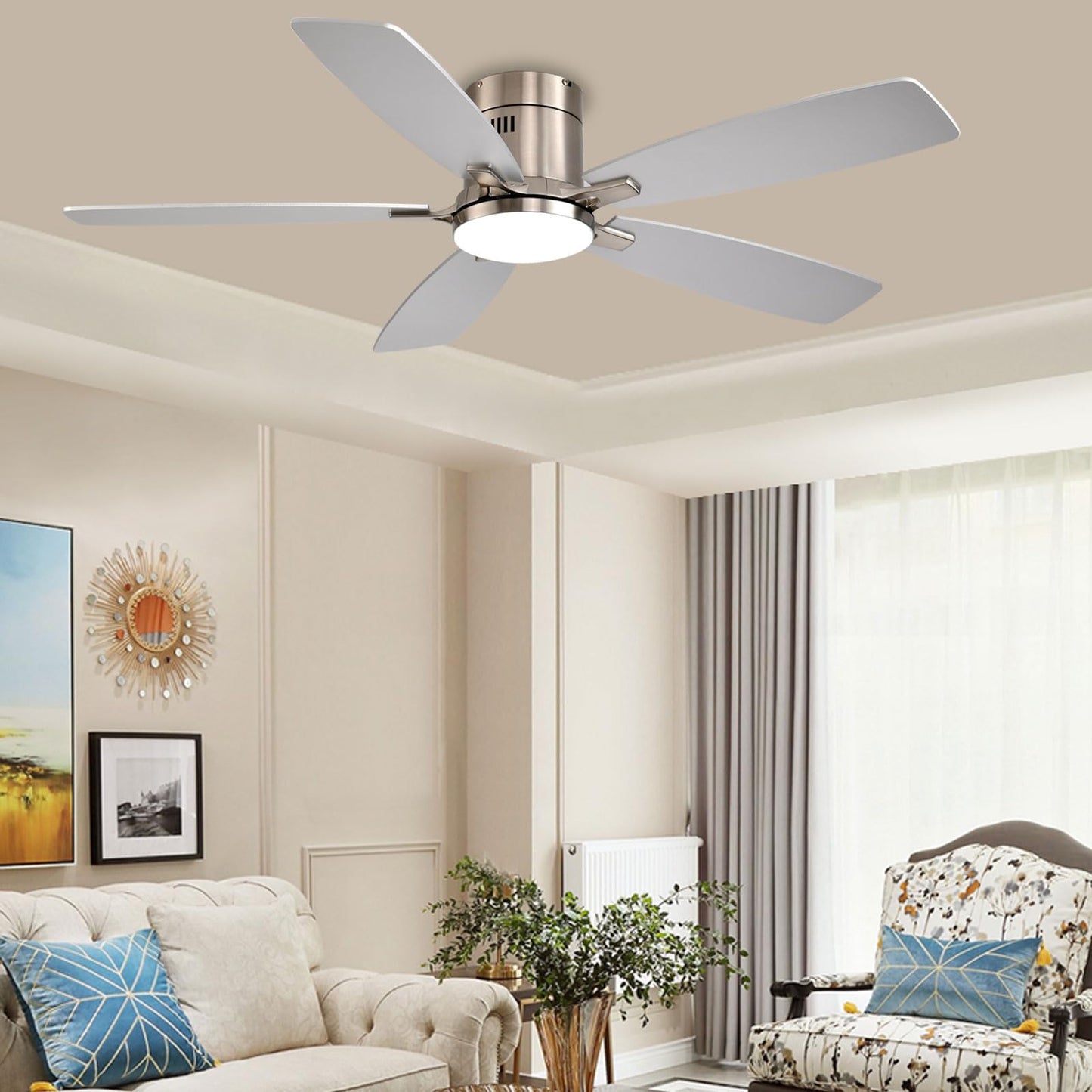 Ayaoty 52 Inch Low Profile Ceiling Fans with Lights and Remote, Flush Mount Modern Ceiling Fan, 3CCT Dimmable DC Ceiling Fan for Bedroom, Living Room, Brushed Nickel