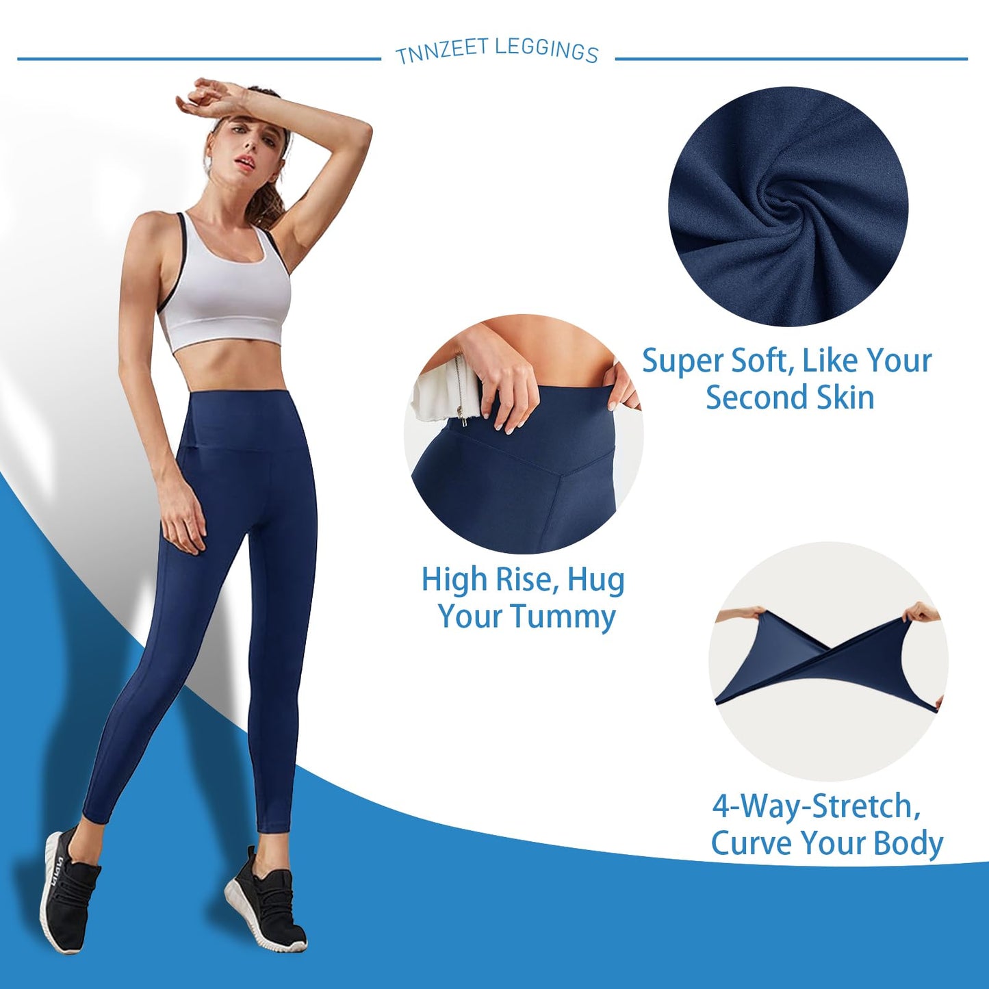 High Waisted Leggings for Women - No See Through Tummy Novelty Workout Yoga Pants with Pockets Reg & Plus Navy Blue