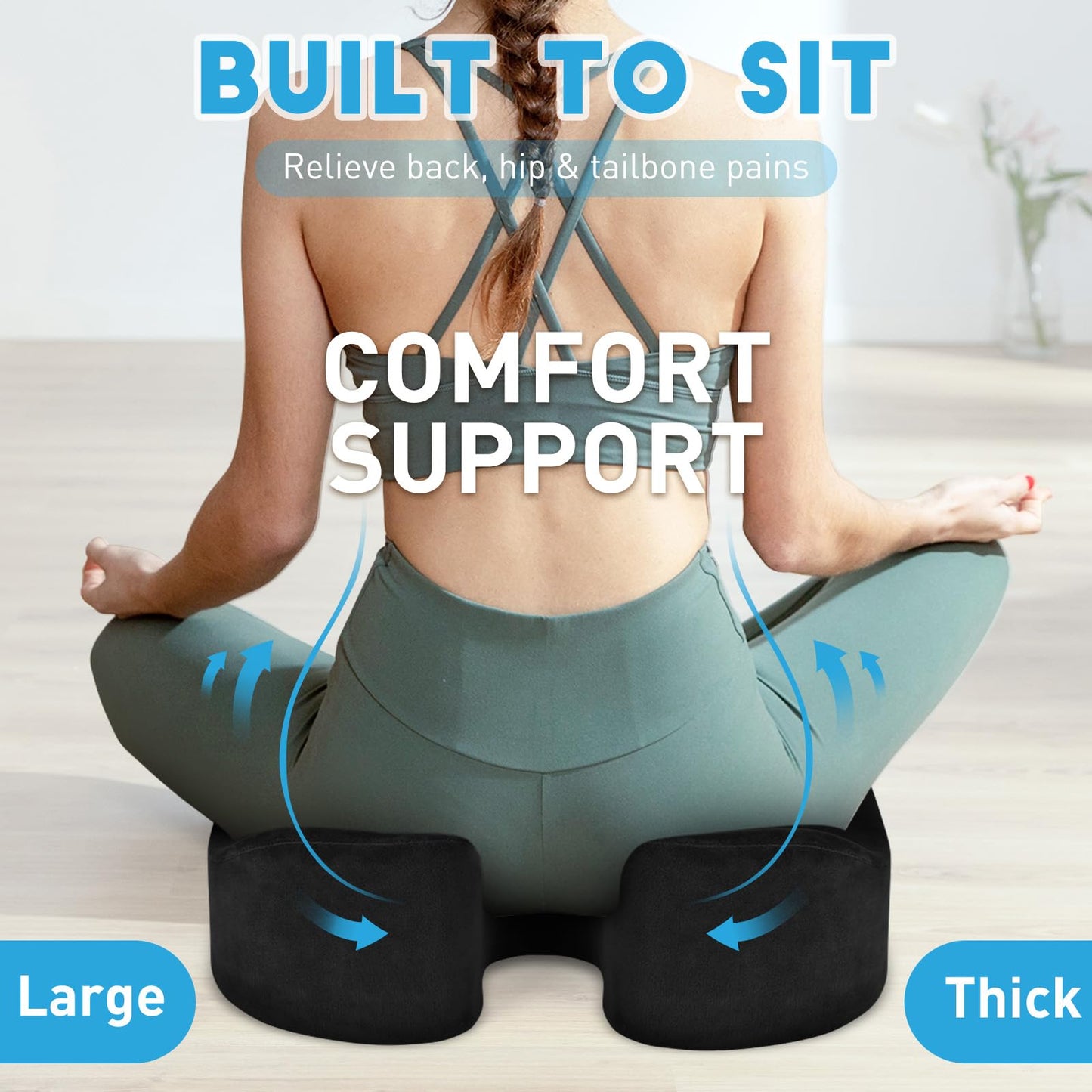 BlissTrends Seat Cushion,5.2in Thick Memory Foam Cushions for Office Chair, Car Seat, Airplane, Relieving Pressure Tailbone Sciatica Back Pain for Long Sitting Office Workers, Car Drivers Black