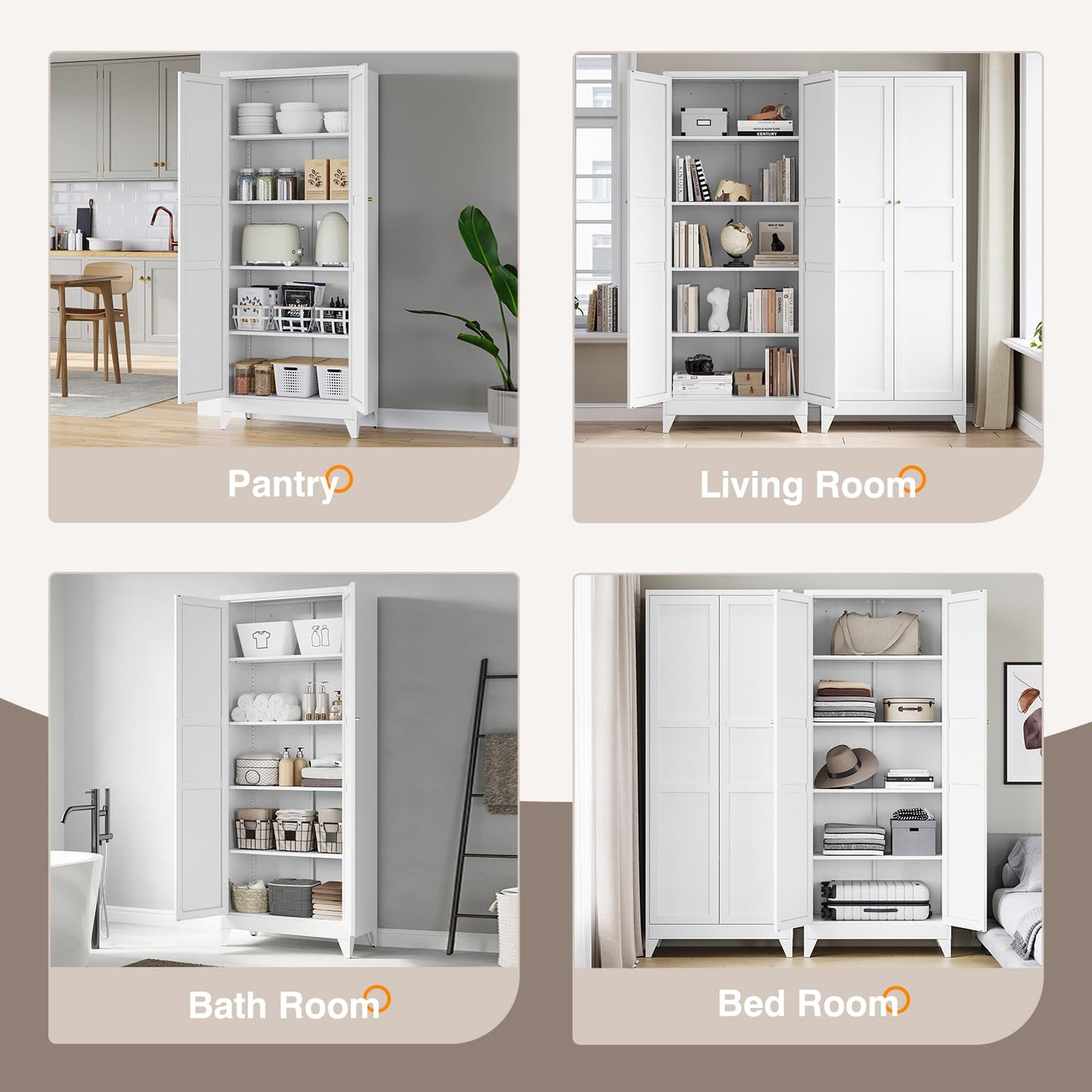 Yizosh Metal Pantry Cabinet, 75" Kitchen Pantry with 2 Door and 4 Adjustable Shelves,White Metal Pantry Storage Cabinet,Cupboard for Kitchen,Dining Room,Living Room and Bathroom