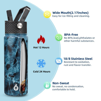 BJPKPK Insulated Water Bottles with Straw Lid, 22oz Cold & Hot Thermos, Stainless Steel Metal Water Bottle with 3 Lids, Reusable Thermos, Cups, Mugs for Daily Use-Ocean