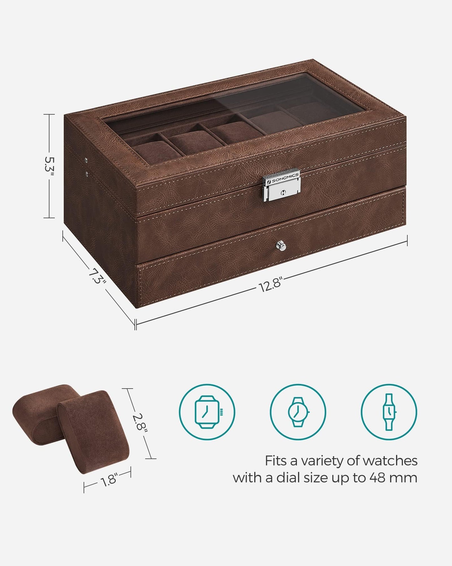 SONGMICS 12-Slot Watch Box, Lockable Watch Case with Glass Lid, 2 Layers, with 1 Drawer for Rings, Bracelets, Gift Idea, Brown Synthetic Leather, Brown Lining UJWB012K01