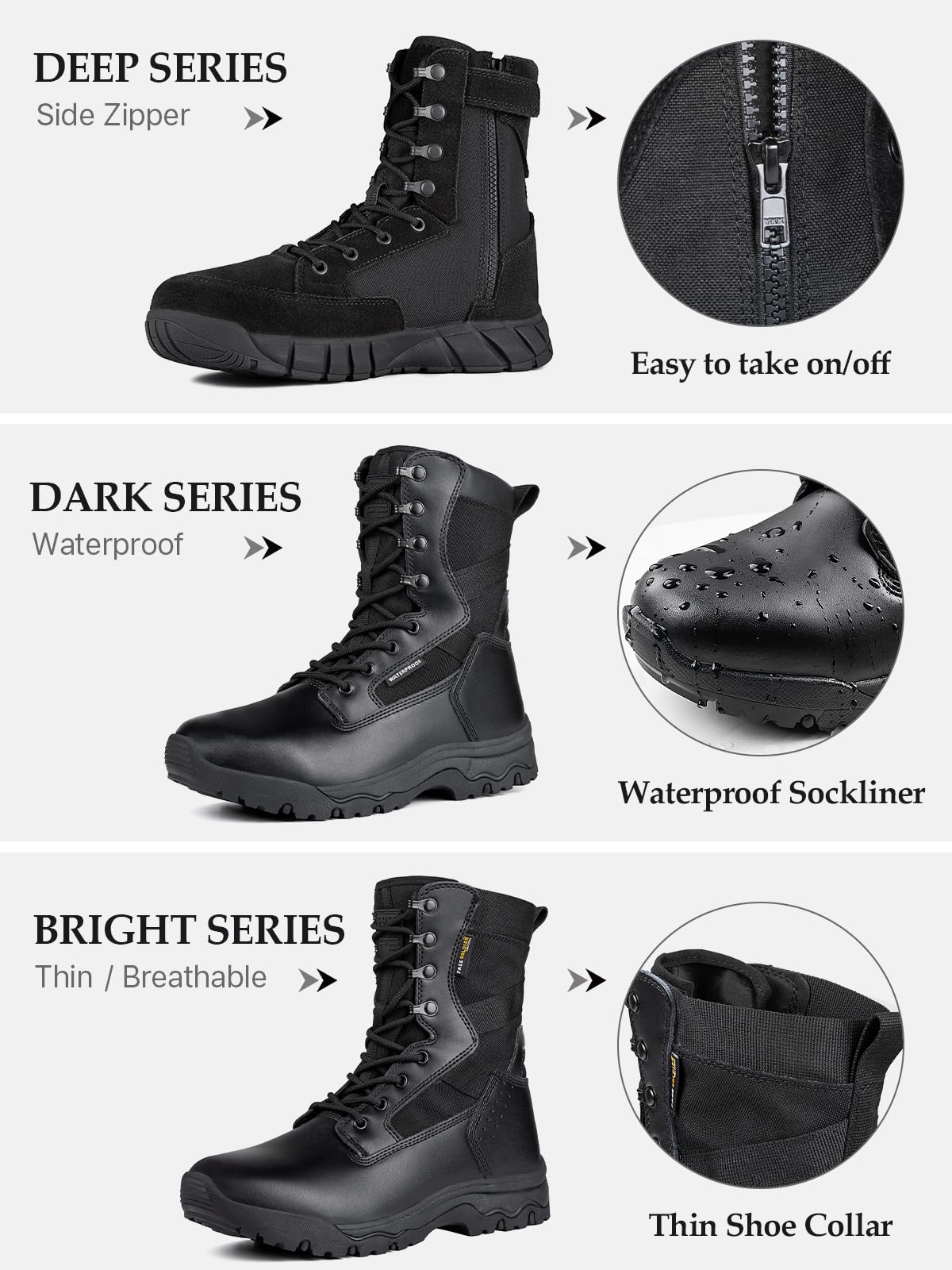 FREE SOLDIER Men’s Tactical Boots 8 Inches Lightweight Combat Boot Durable Suede Leather Military Work Boots Desert Boot(Waterproof Black 7)