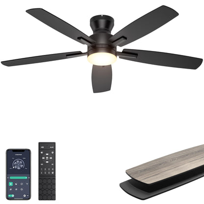 Ohniyou Ceiling Fans with Lights, 52'' Low Profile Ceiling Fan with Light and Remote/APP Control, Modern Flush Mount Ceiling Fan for Indoor Bedroom Living Room, Dimmable, Qiuet DC Motor, Black