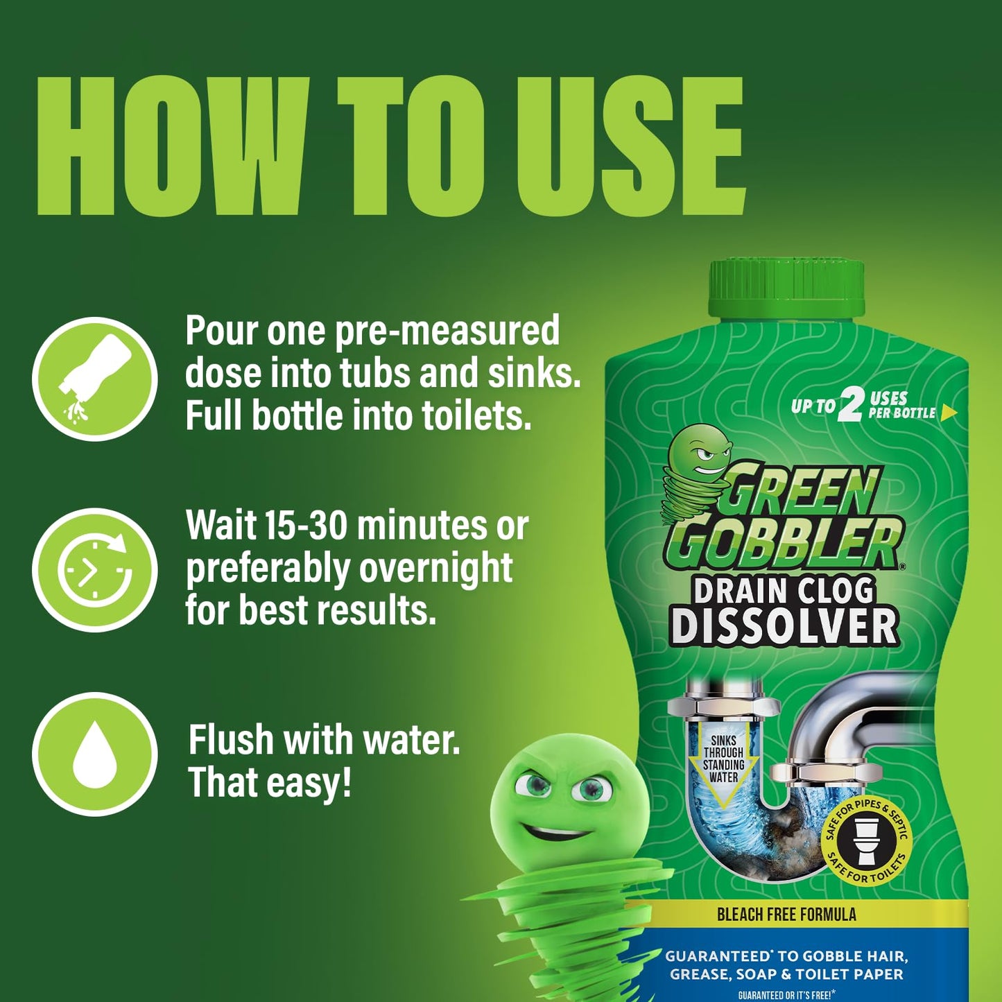 Green Gobbler Liquid Hair Drain Clog Remover & Cleaner, For Toilets, Sinks, Tubs - Septic Safe, 2 Pack