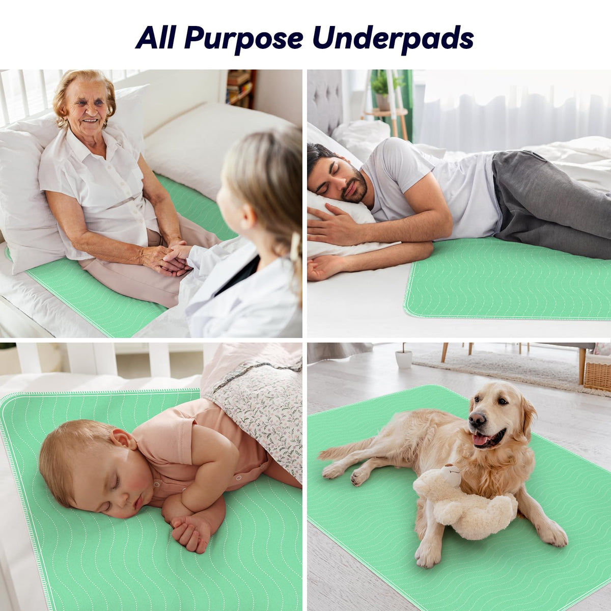 4 Pack 36” x 54” Extra Heavy Absorbency Washable Underpads, Waterproof Nursing Pads Incontinence Bed Pads, Reusable Washable Pee Pads for Dogs, Diaper Changing & Adults, Mattress Protector
