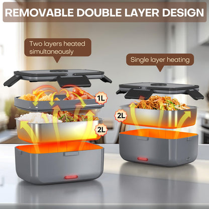 Sitlais Electric Heated Lunch Box for Men - 3 Liters Double Layer Portable Food Warmer for Car Truck 90 W Self Heating Lunch Box for Adults Food Heater for Work Travel Camping lonchera,Dark Grey