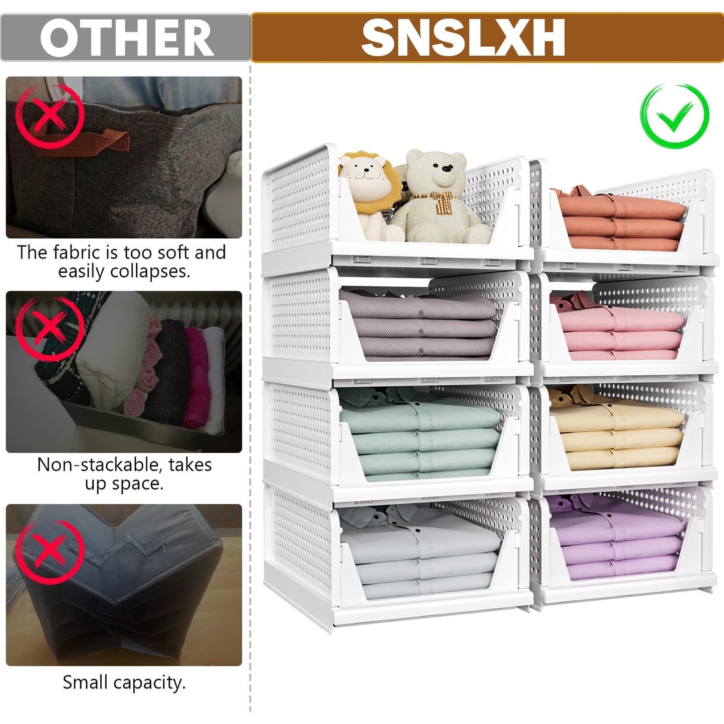 SNSLXH 5 Pack Stackable Closet Storage Basket, Multifunctional & Foldable Closet Organizer for Bathroom Kitchen Laundry Room Wardrobe Storage, Space-Saving Clothes Storage Drawer Organizer, White