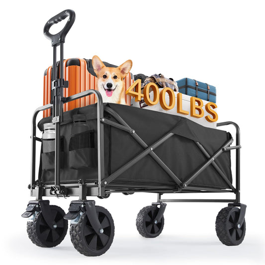 Sweetcrispy Collapsible Foldable Wagon Cart, Large Capacity Garden Beach Cart with All-Terrain Wheels, Heavy Duty Utility Grocery Wagon with Drink Holders for Shopping Sports Camping - 35IN Black