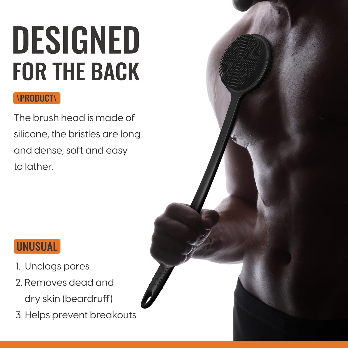 Silicone Back Scrubber for Shower, 17in Lengthen Long Handle Body Brush, Double Sided Shower Brush for Shower Exfoliating and Massage Can Produce Rich Foam, Long Handle Back Scrubber for Men