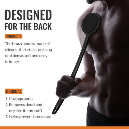 Silicone Back Scrubber for Shower, 17in Lengthen Long Handle Body Brush, Double Sided Shower Brush for Shower Exfoliating and Massage Can Produce Rich Foam, Long Handle Back Scrubber for Men