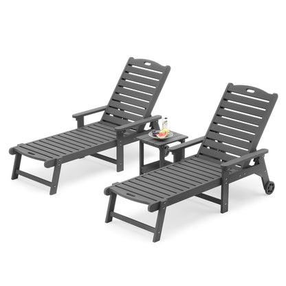 LUE BONA Chaise Lounge Chairs Set with Table, 3-Piece, 79'' Oversized HDPS Chaise Lounger, 5 Positions Adjustable Lounge Chairs, Pool Lounge Chair with Wheels for Poolside, 3 Year Warranty, Dark Gray