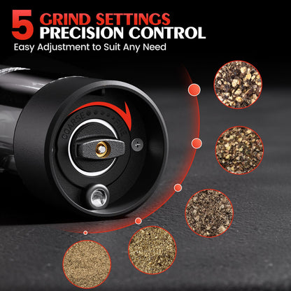 Electric Salt and Pepper Grinder Set Automatic Battery Pepper Mill Shakers Adjustable Coarseness Easy Filling Upgraded Larger Capacity with Led (2 Pack Black/White）